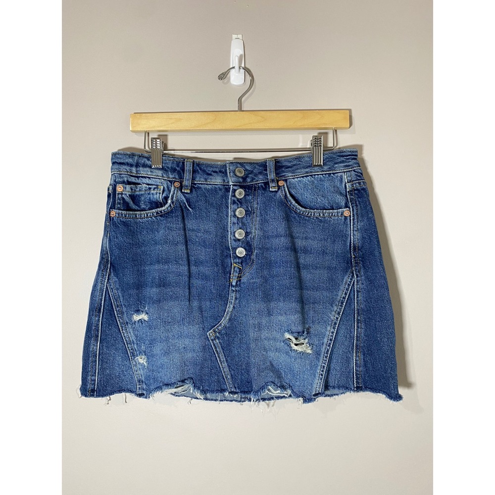 We The Free Free People Blue Distressed Denim Mini Skirt Button Fly Size 29